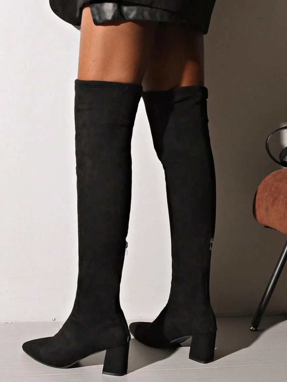 Black Over-The-Knee Suede Boots – Chunky Heel Thigh High Boots - 9.5